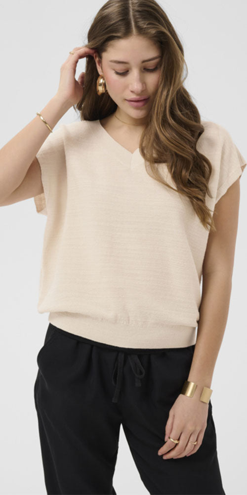 Cream V-neck Knit Pullover, sand
