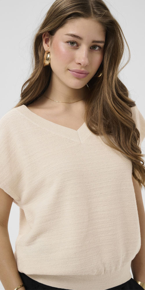 Cream V-neck Knit Pullover, sand