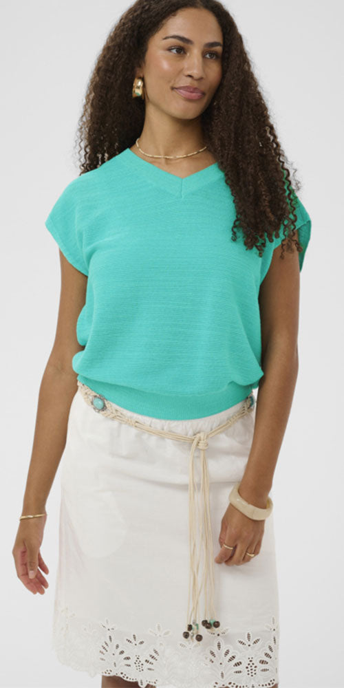 Cream V-neck Knit Pullover, turquoise