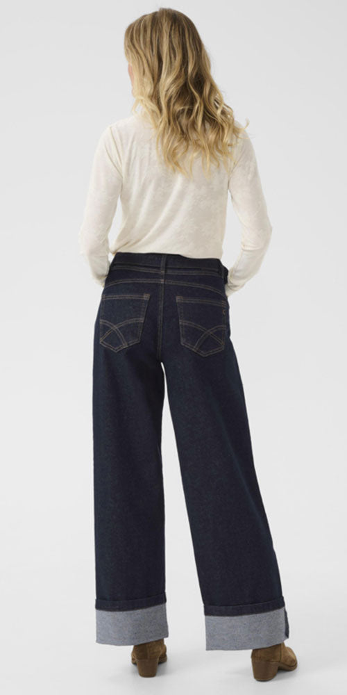 Cream Wide Leg Cuffed Jeans