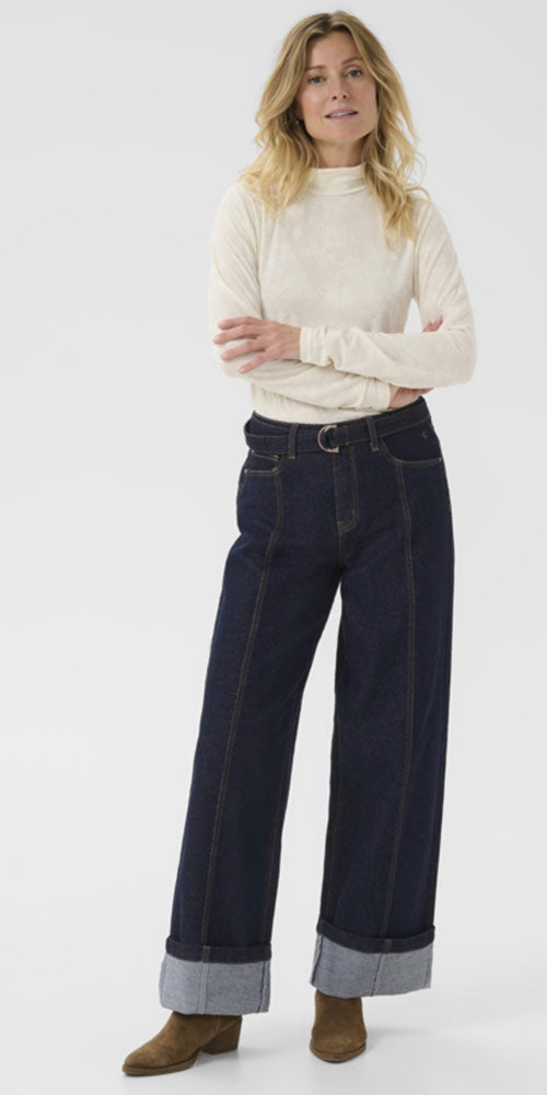 Cream Wide Leg Cuffed Jeans