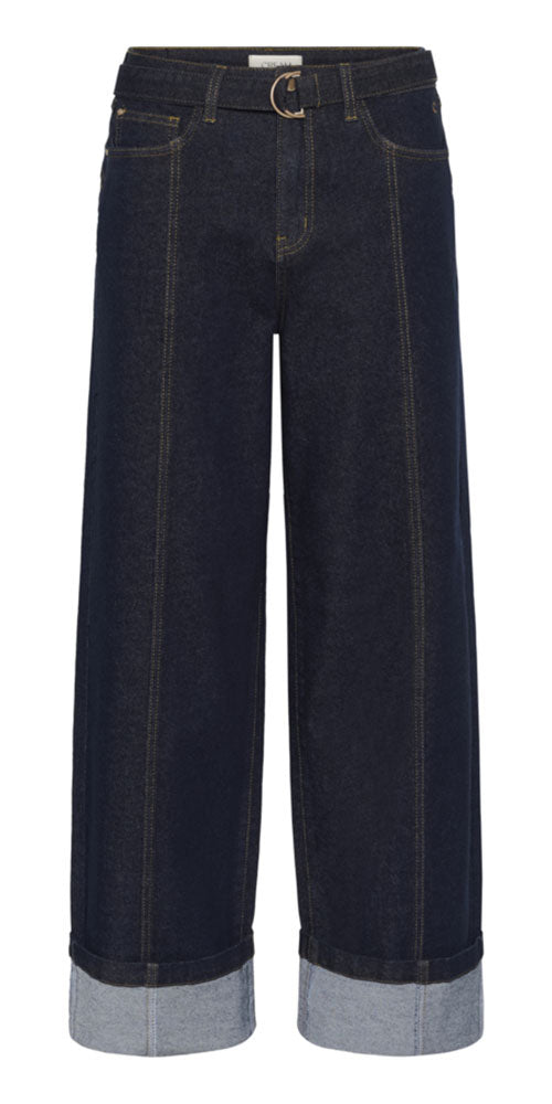 Cream Wide Leg Cuffed Jeans