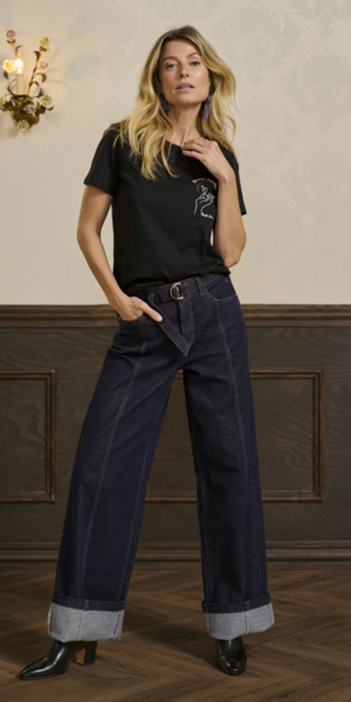 Cream Wide Leg Cuffed Jeans
