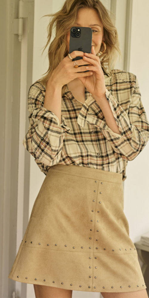 Cream Faux Suede Skirt, light camel