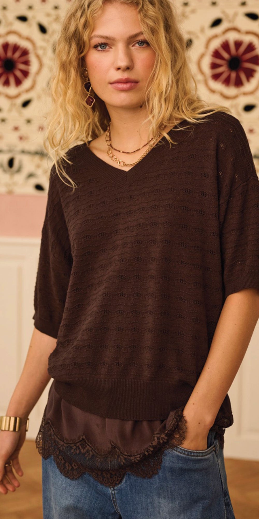 Cream Lightweight Short Sleeve Sweater, espresso