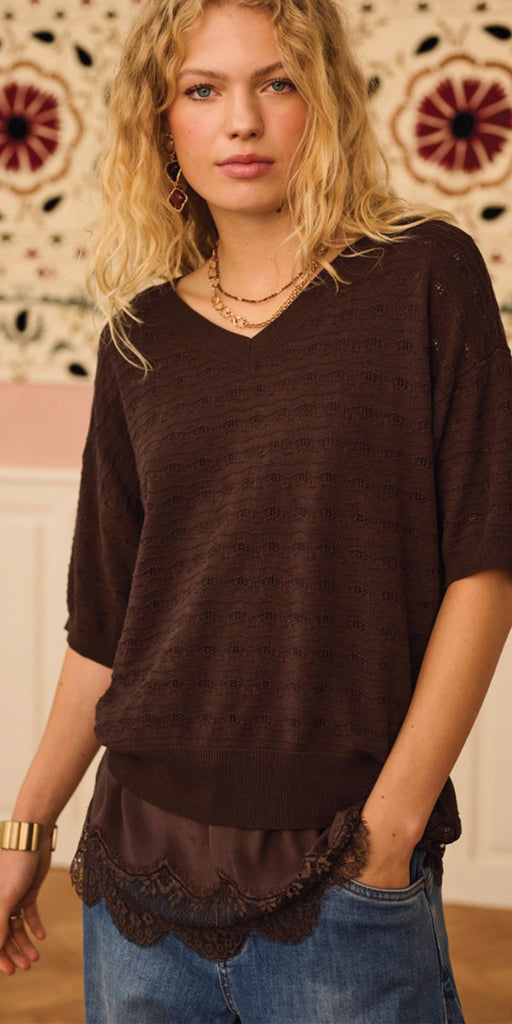 Cream Lightweight Short Sleeve Sweater, espresso