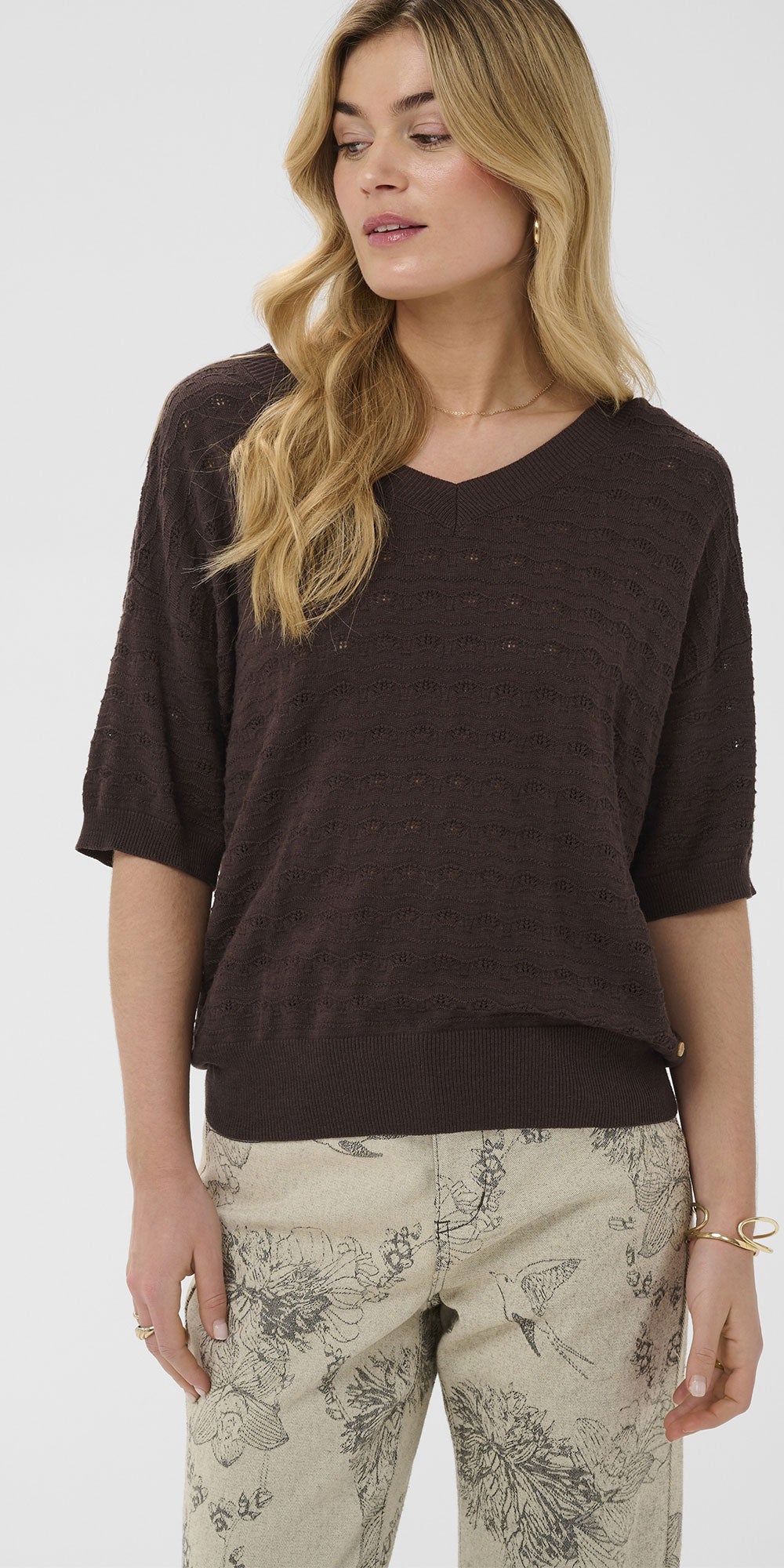Cream Lightweight Short Sleeve Sweater, espresso
