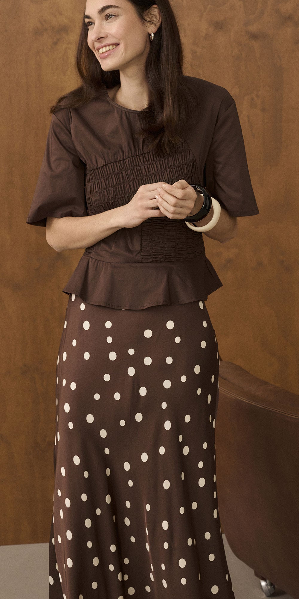 Culture Satin Polka Dot Skirt, brown