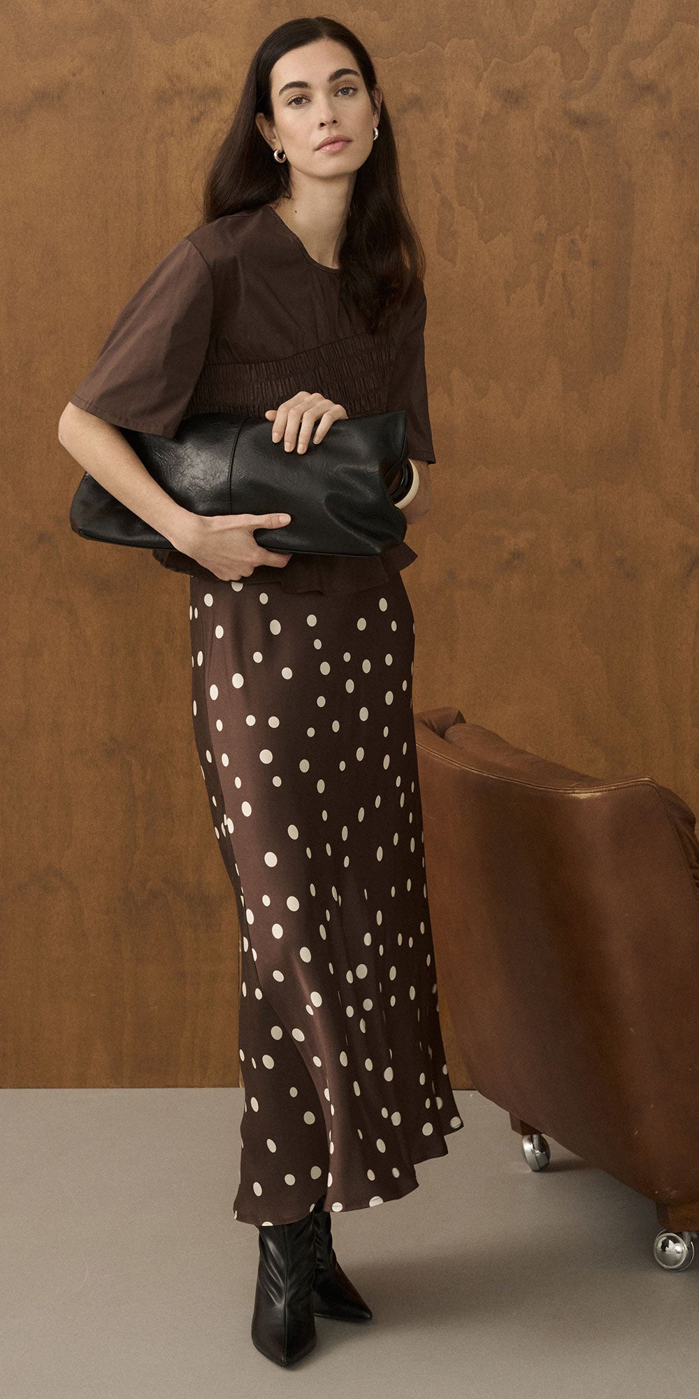 Culture Satin Polka Dot Skirt, brown