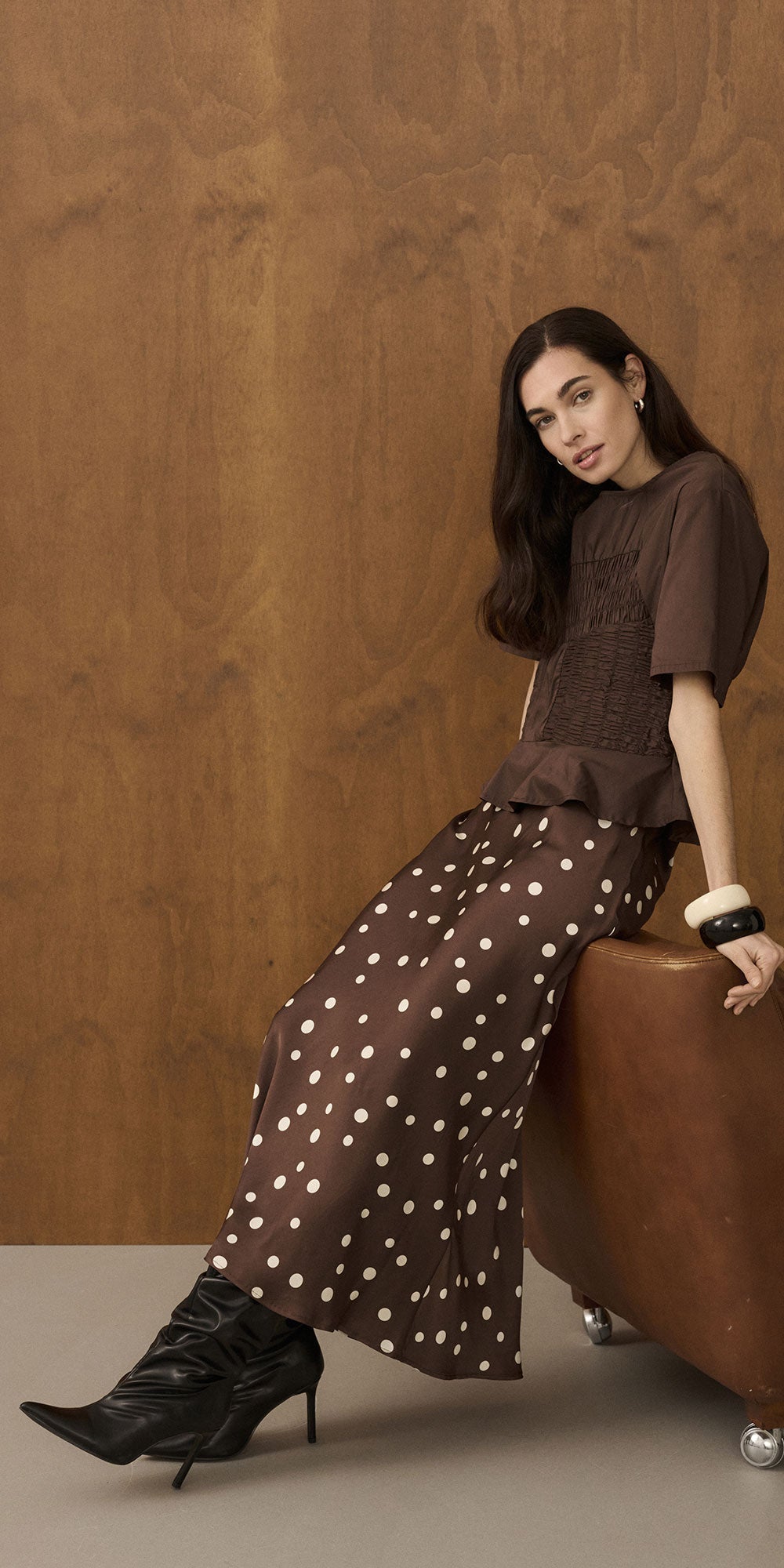 Culture Satin Polka Dot Skirt, brown
