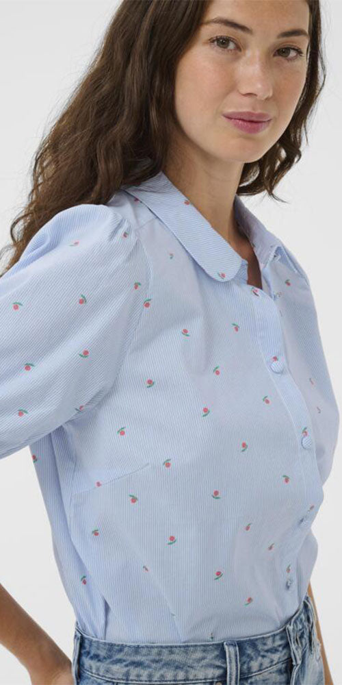 Culture Pouf Sleeve Shirt, peaches and stripes