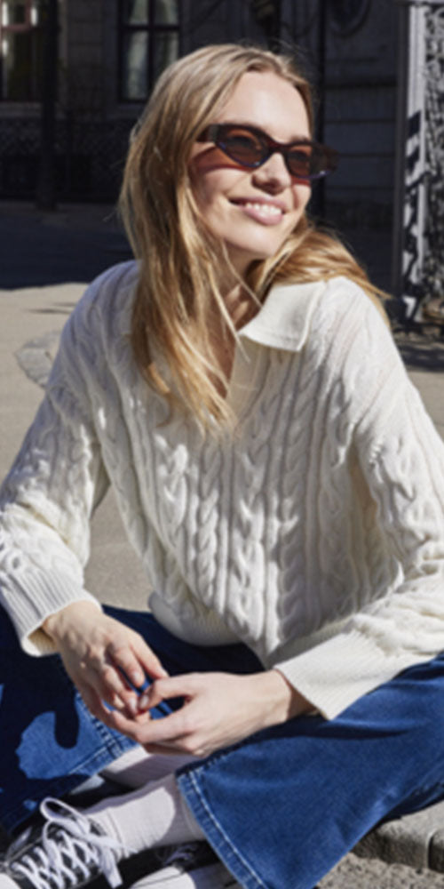 Fransa Cotton Cableknit Polo Sweater