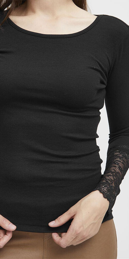 Fransa Lace Cuff Tee, black