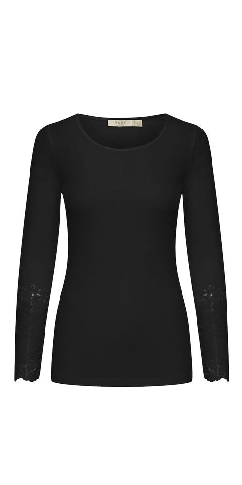 Fransa Lace Cuff Tee, black