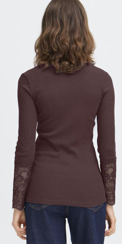 Fransa Lace Cuff Tee, dark burgundy