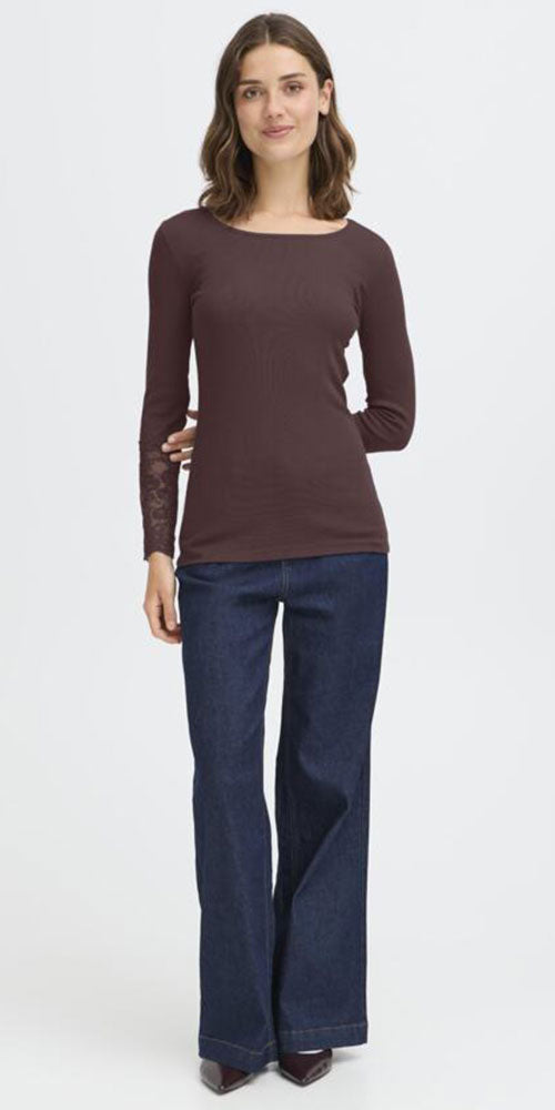 Fransa Lace Cuff Tee, dark burgundy