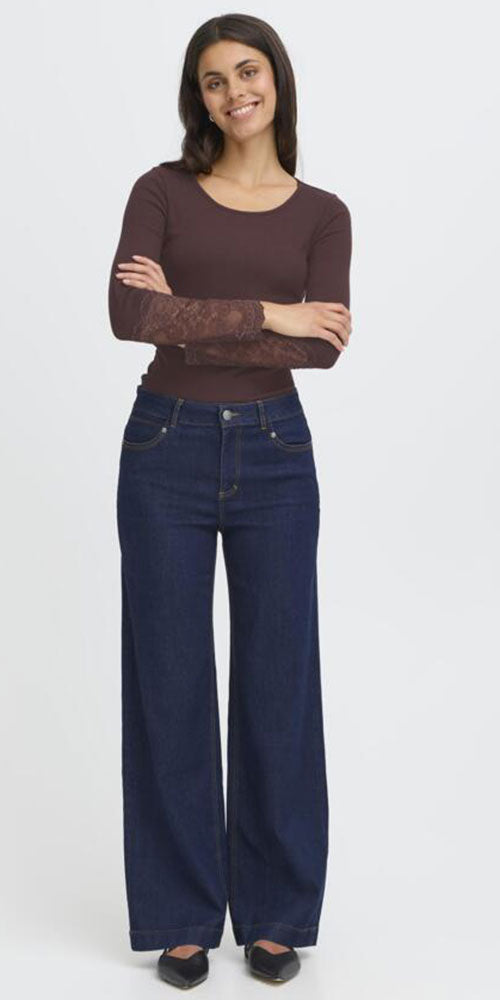 Fransa Lace Cuff Tee, dark burgundy
