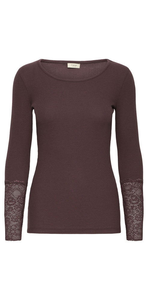 Fransa Lace Cuff Tee, dark burgundy