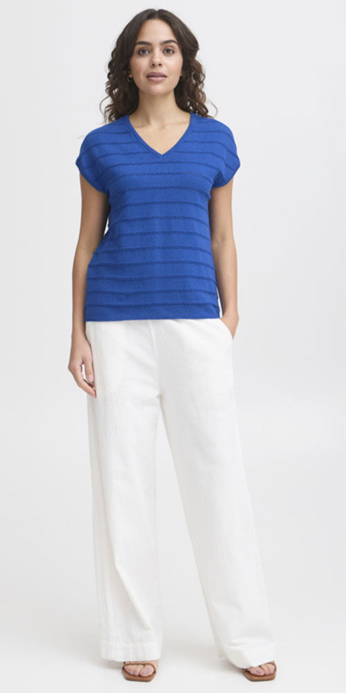 Fransa Pointelle V-neck, blue