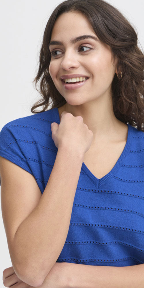 Fransa Pointelle V-neck, blue