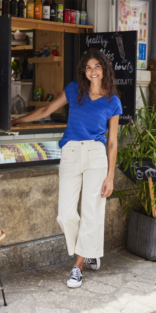 Fransa Pointelle V-neck, blue