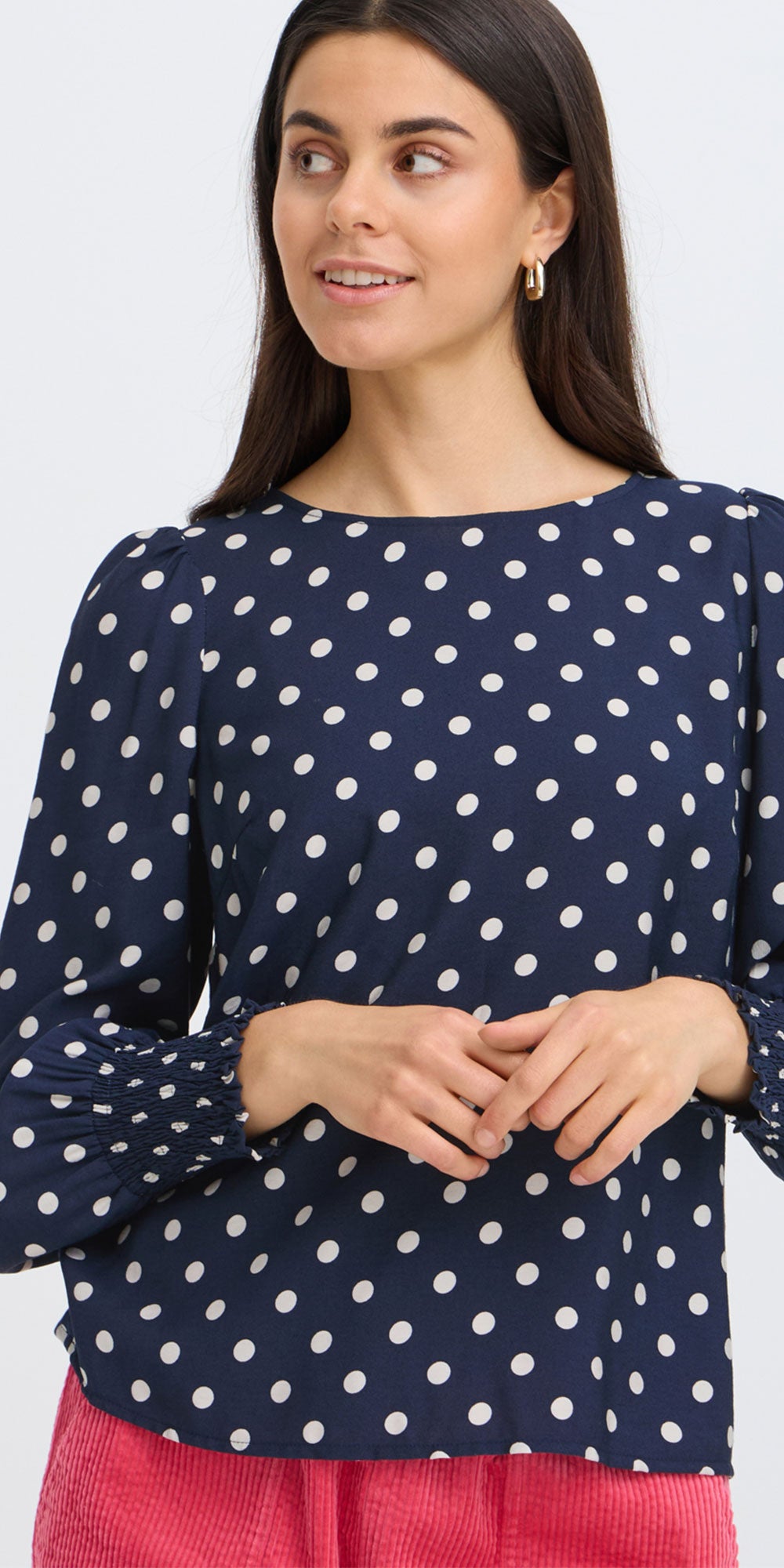 Fransa Polka Dot Crew Neck Blouse, navy/white