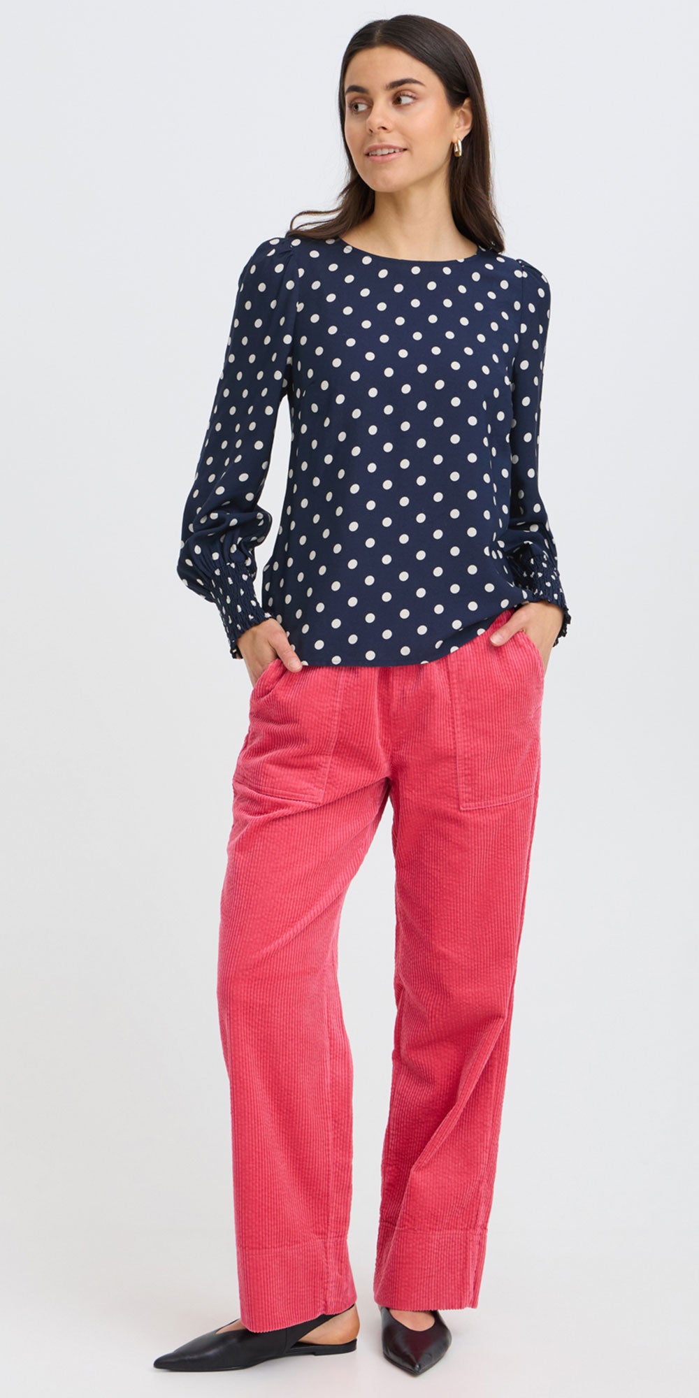 Fransa Polka Dot Crew Neck Blouse, navy/white
