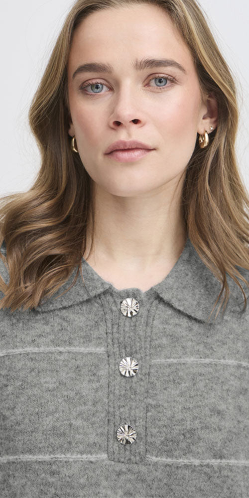 Fransa Striped Polo Sweater, grey