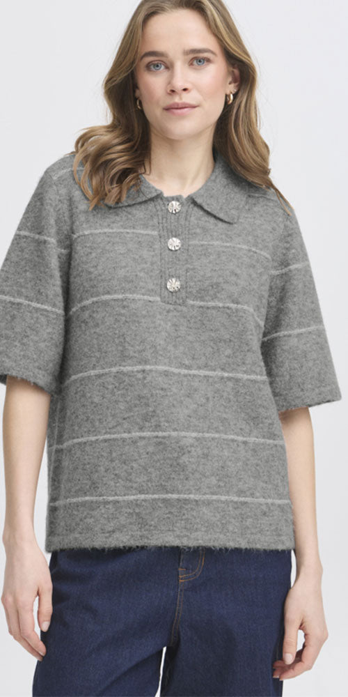 Fransa Striped Polo Sweater, grey