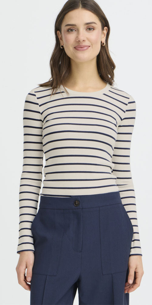 Fransa Ribbed Long Sleeve Top, navy stripe