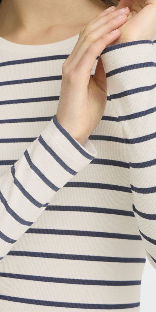 Fransa Ribbed Long Sleeve Top, navy stripe