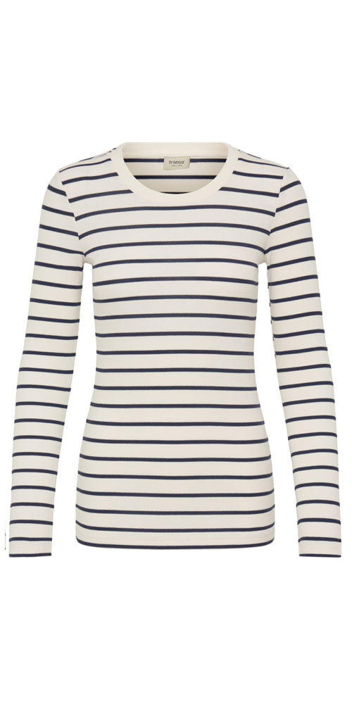 Fransa Ribbed Long Sleeve Top, navy stripe