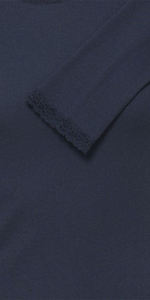 Fransa Ribbed Lace Trim Top, navy