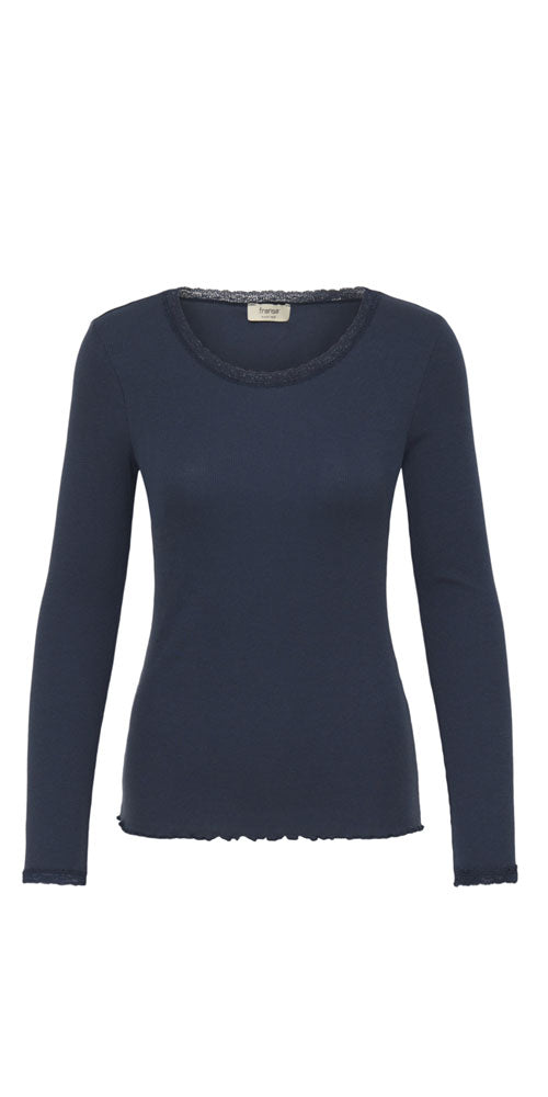 Fransa Ribbed Lace Trim Top, navy