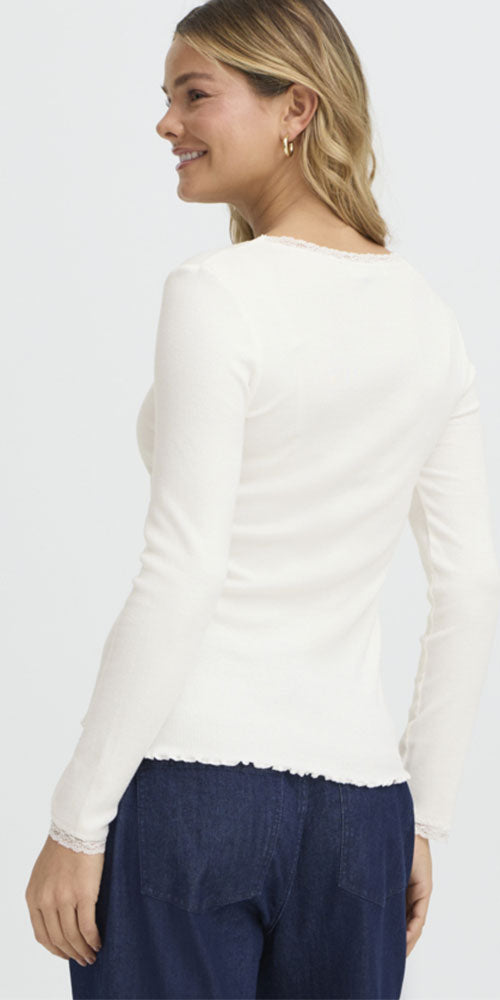 Fransa Ribbed Lace Trim Top, off white