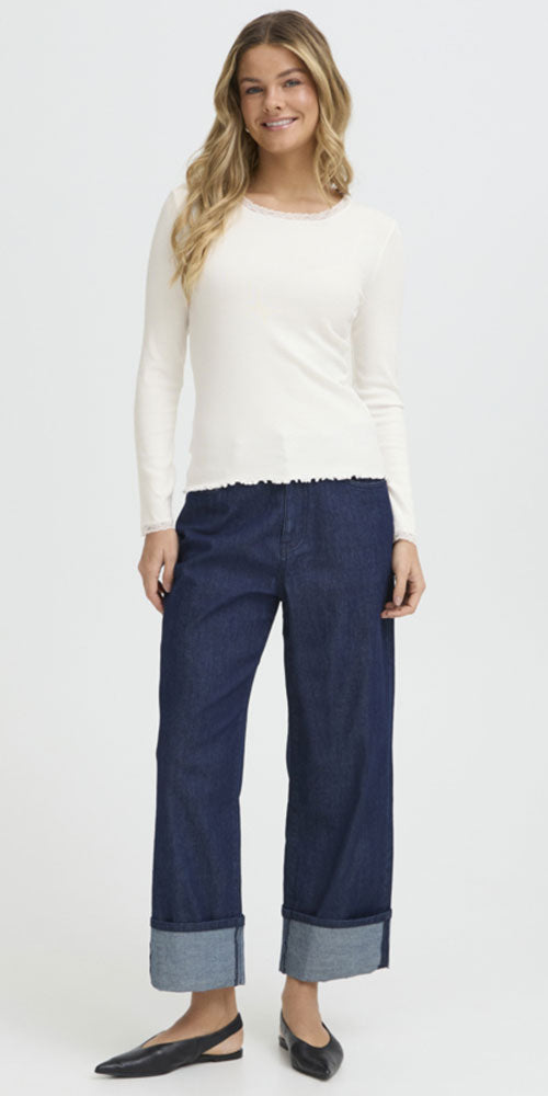 Fransa Ribbed Lace Trim Top, off white