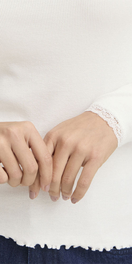 Fransa Ribbed Lace Trim Top, off white