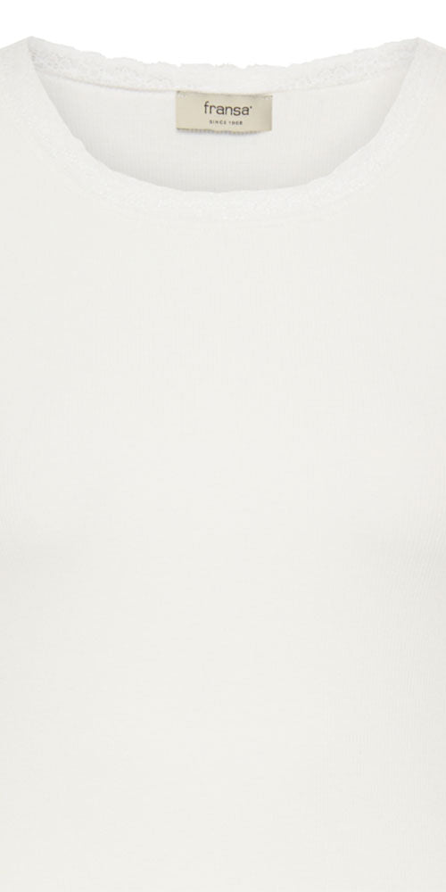 Fransa Ribbed Lace Trim Top, off white