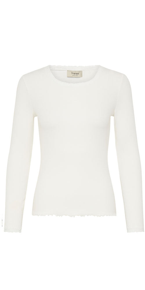 Fransa Ribbed Lace Trim Top, off white