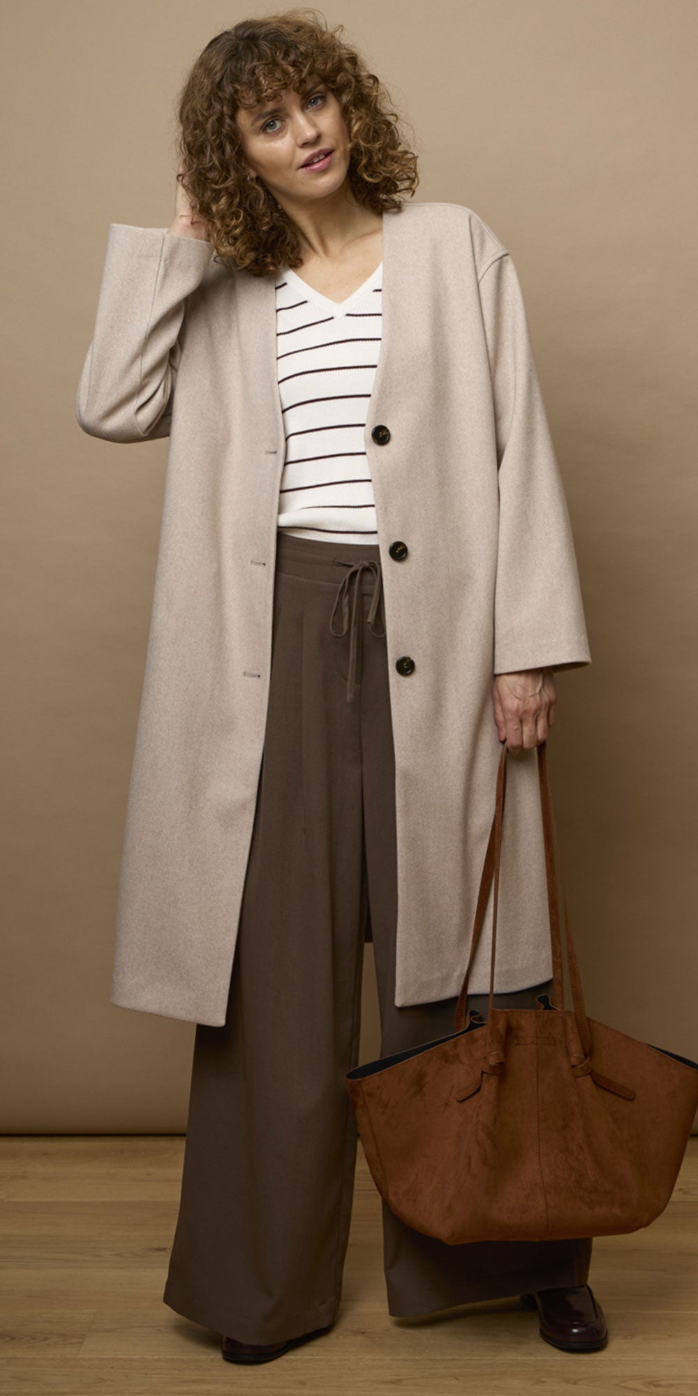 Fransa Ribbed V-neck Pullover, brown stripe