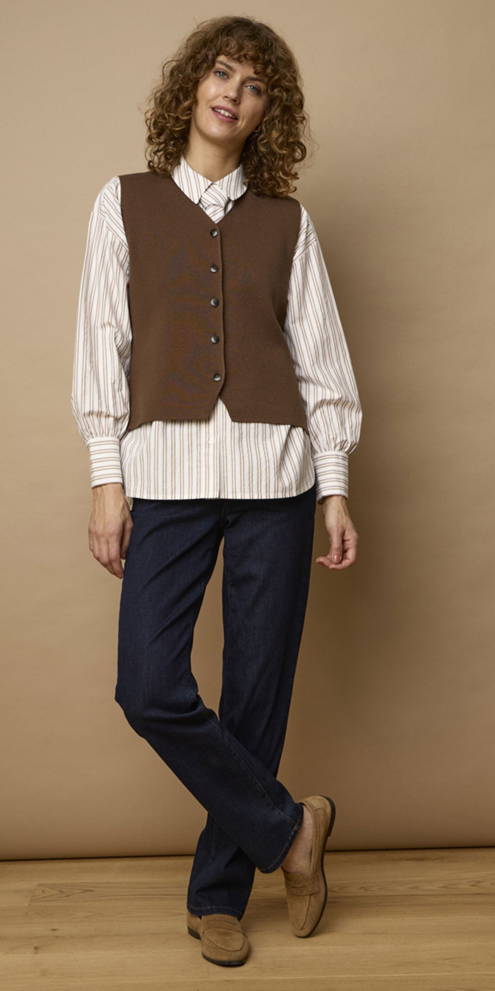 Fransa Tie Front Shirt, camel stripe
