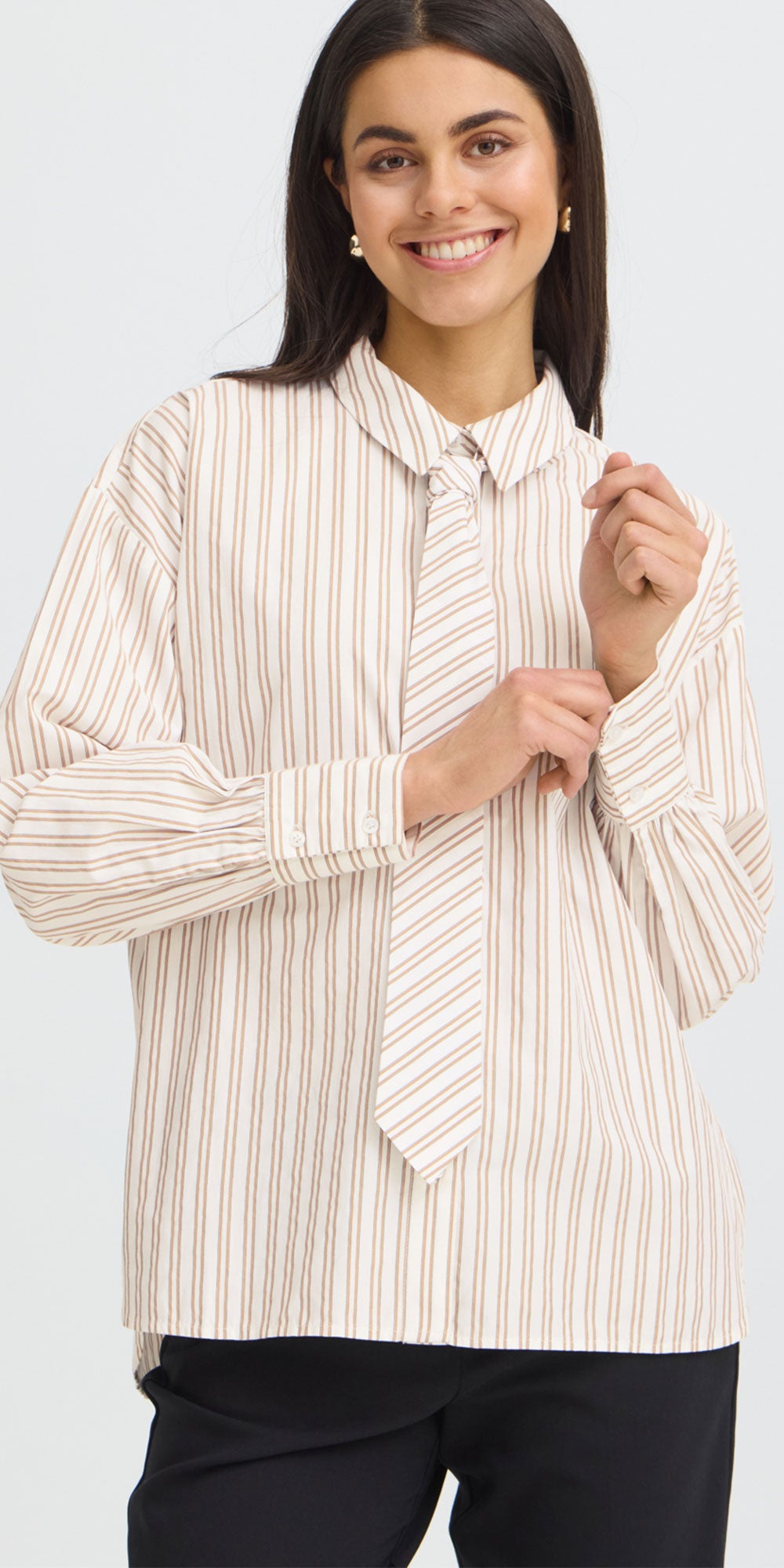 Fransa Tie Front Shirt, camel stripe