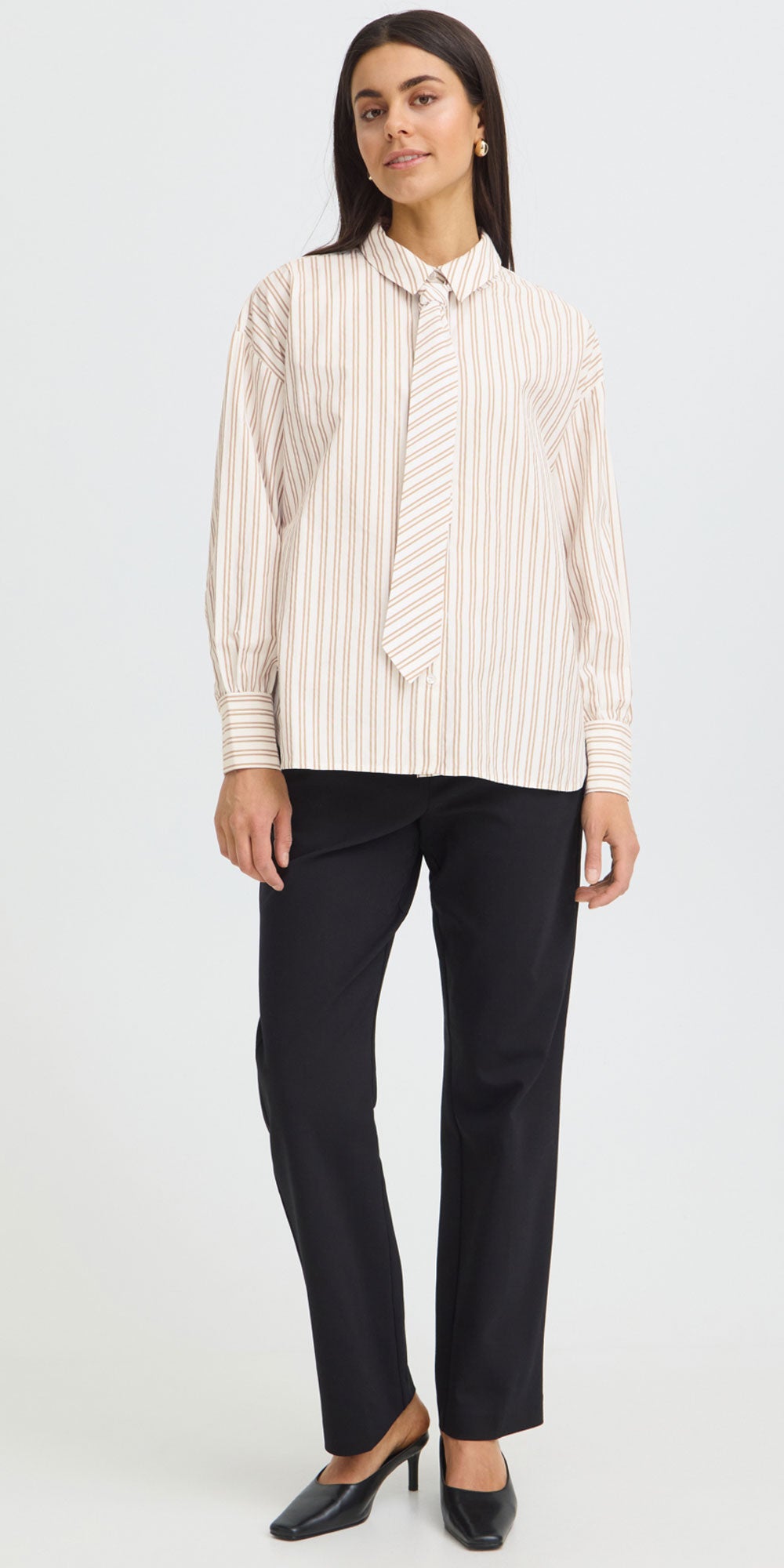 Fransa Tie Front Shirt, camel stripe