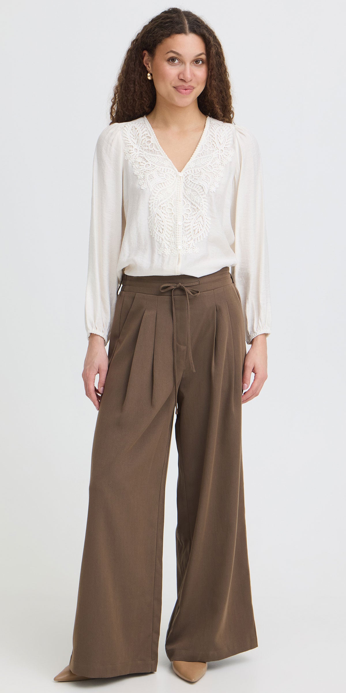 Fransa Pleated Wide Leg Trousers, mushroom