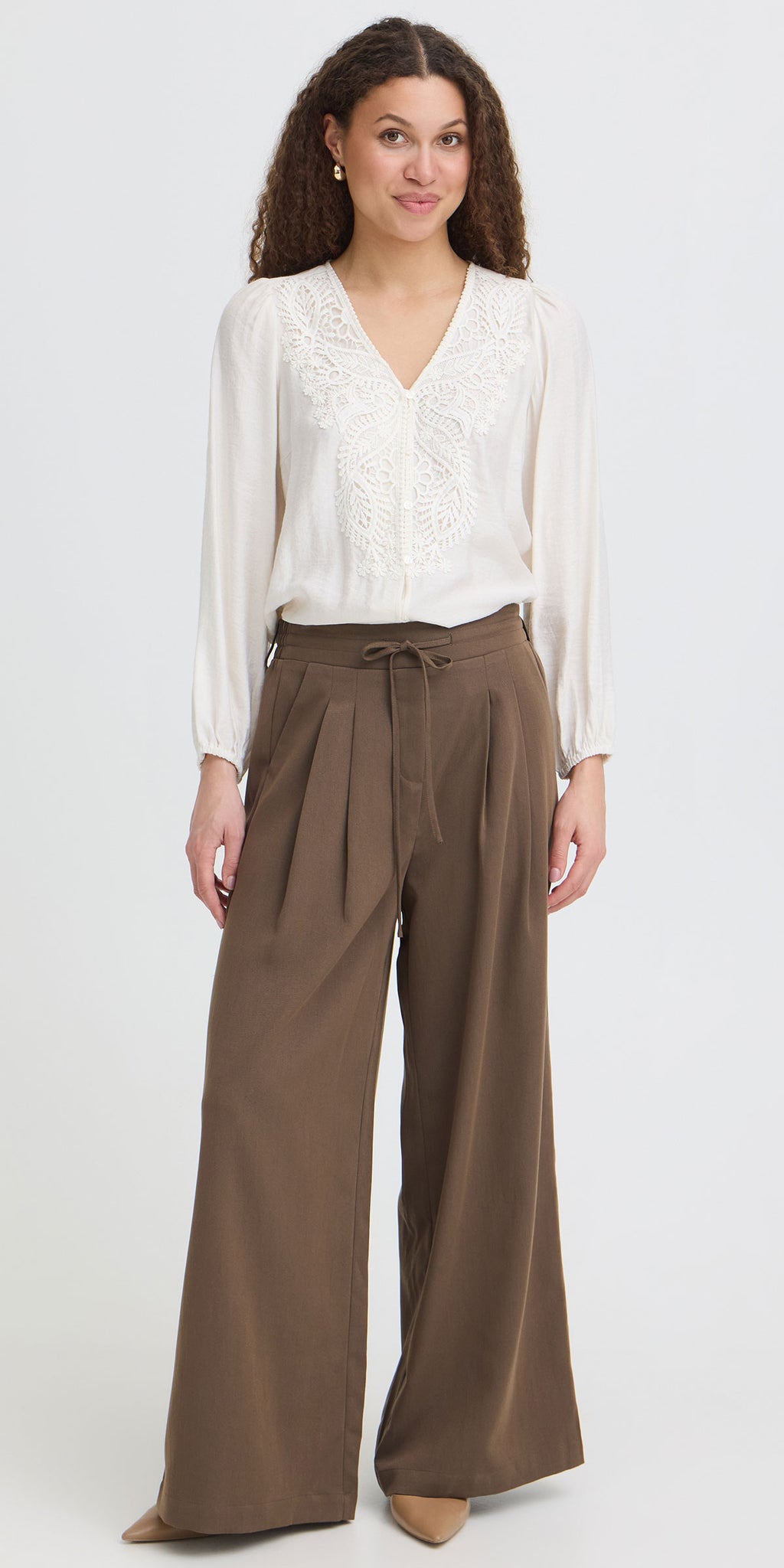 Fransa Pleated Wide Leg Trousers, mushroom