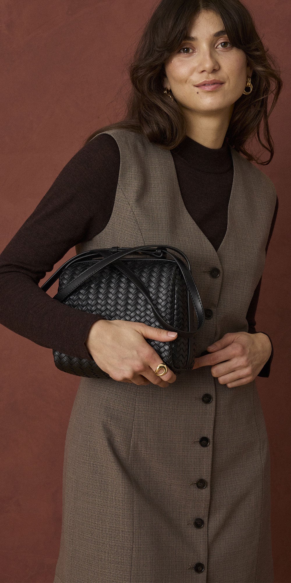 Fransa Woven Handbag, black faux leather