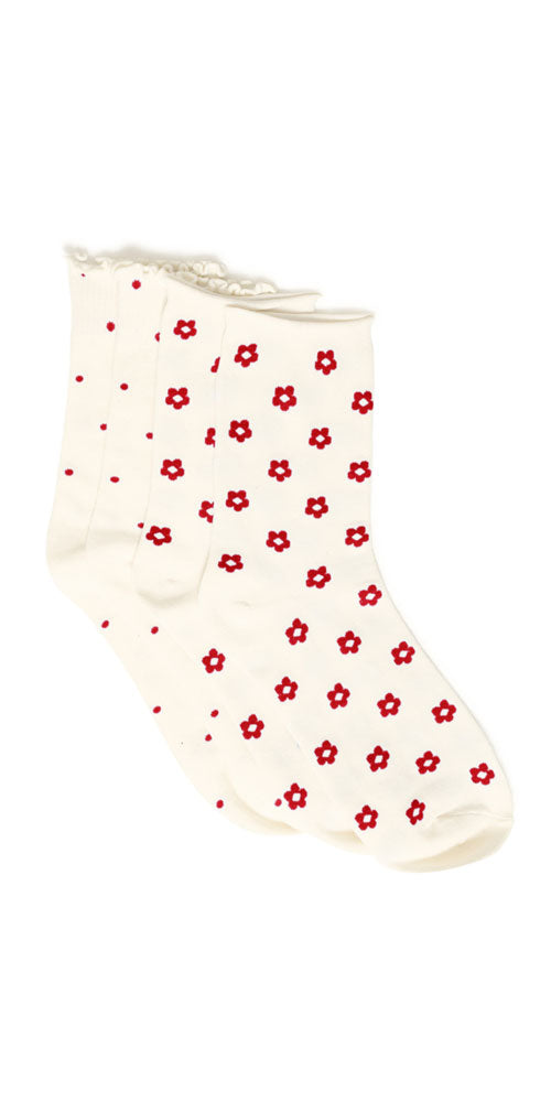 Fransa Flower & Dot Socks, red
