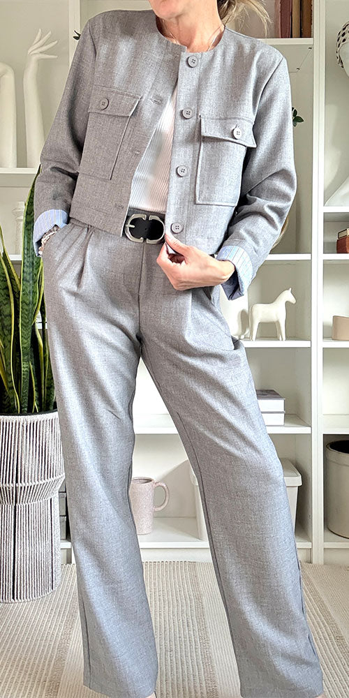 Fransa Pleat Front Straight Trousers, heathered grey