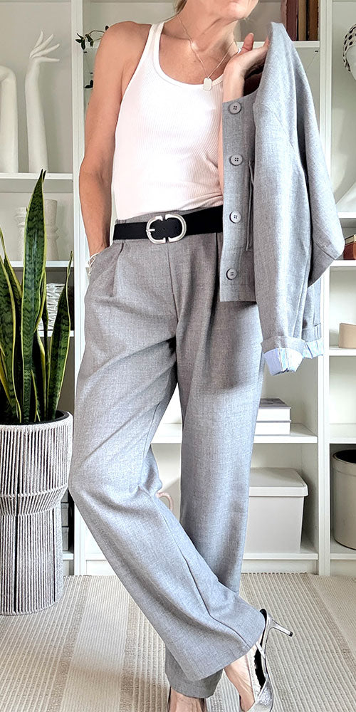 Fransa Pleat Front Straight Trousers, heathered grey
