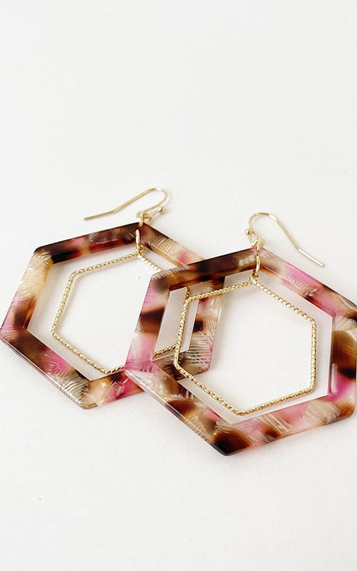 Fuschia Resin Hex Earrings